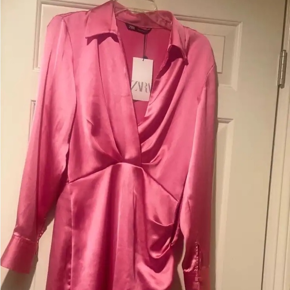 Zara Pink Satin Shirt Dress